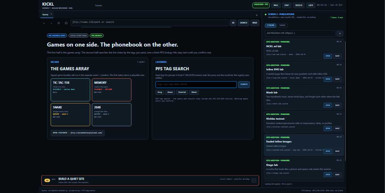 The KICKL browser home screen: an arcade strip on the left, PFS tag search on the right, and the publication feed in a side panel.